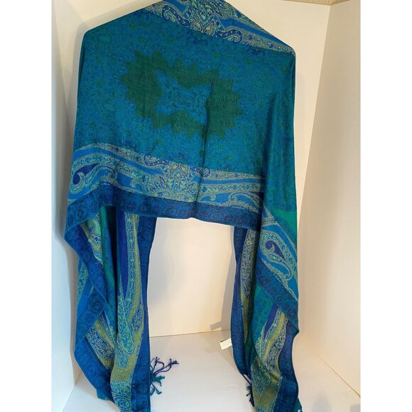 Blue & Green Paisley Reversible Scarf By Apt. 9 - Soft Rayon Blend With Fringe - Picture 2 of 4
